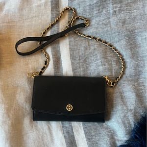 Tory Burch Robinson Leather Wallet on a Chain Black Purse